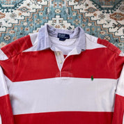 Polo Ralph Lauren red and white striped rugby polo shirt with embroidered logo.