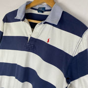 Polo Ralph Lauren blue and navy striped rugby polo shirt with logo detail.