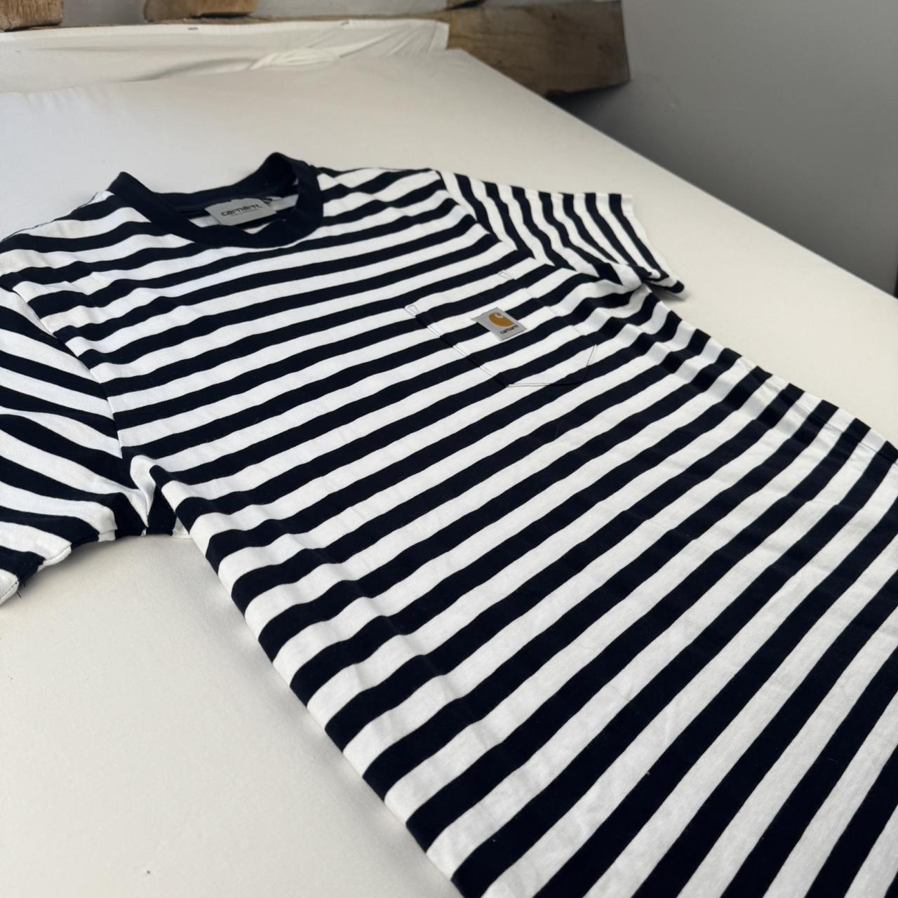 Navy and White Carhartt WIP Scotty Pocket Striped T-Shirt S