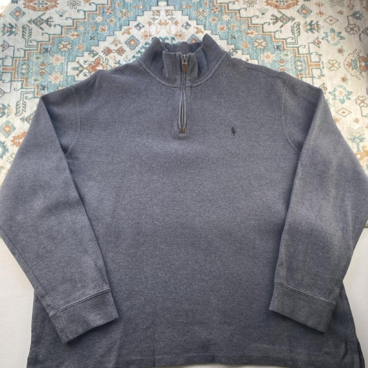 Polo Ralph Lauren grey quarter zip fleece with embroidered logo and soft material.