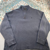 Polo Ralph Lauren grey quarter zip fleece with embroidered logo and soft material.