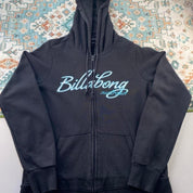 Billabong black oversized full zip hoodie with logo detail and soft material.
