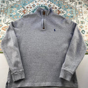 Polo Ralph Lauren grey quarter zip jumper with embroidered pony logo and slim fit.