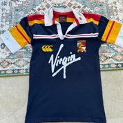 Canterbury men's polo shirt blue with embroidered London Broncos logo and signature.