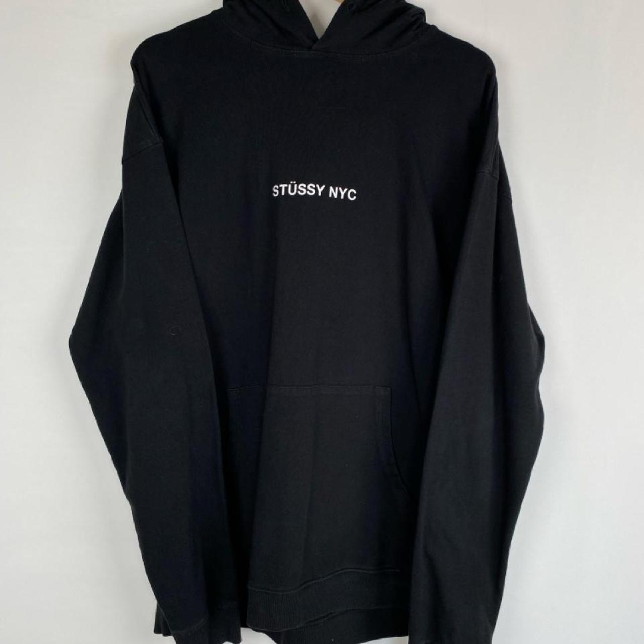 Stüssy grey hoodie with NYC centre print and backprint, relaxed fit.