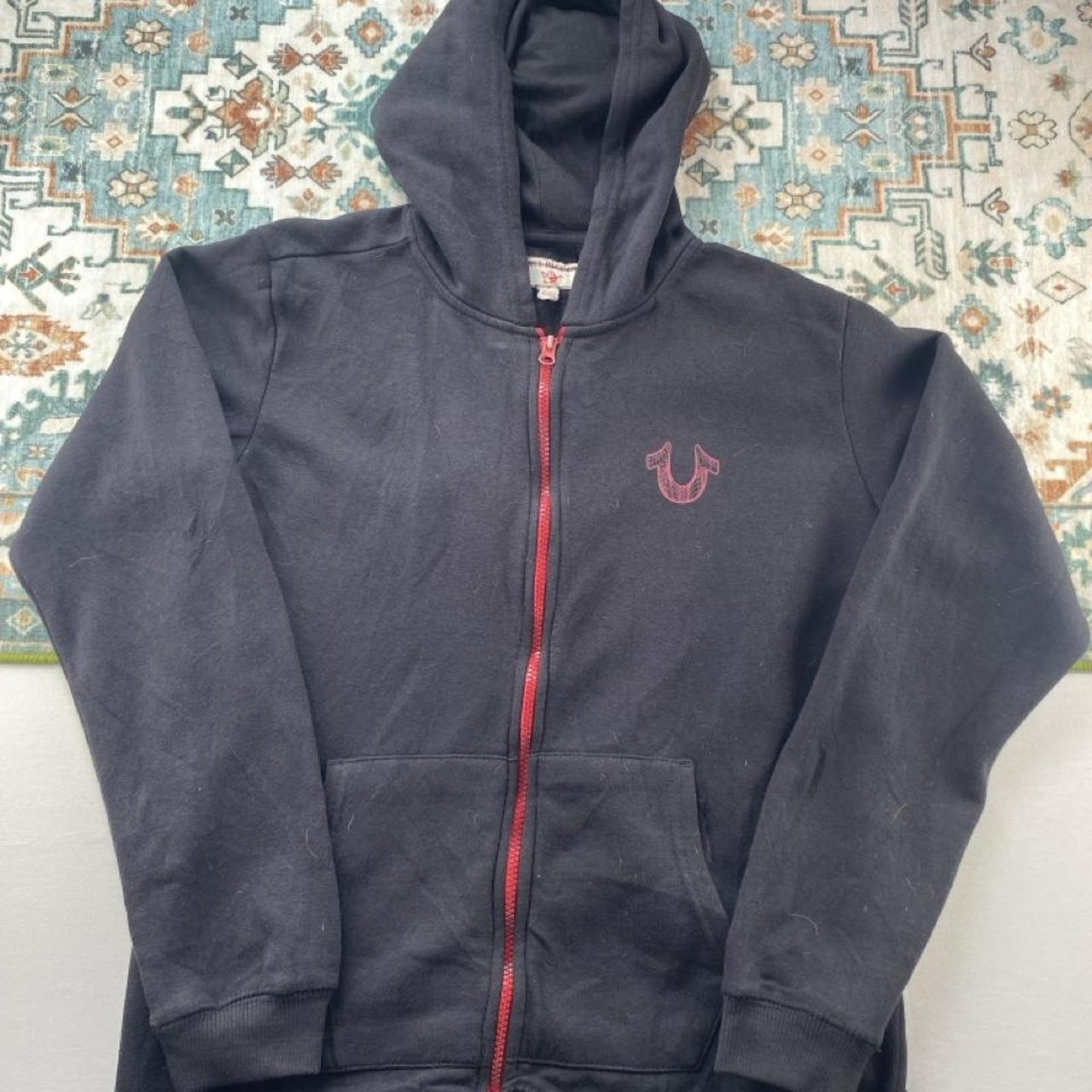 True Religion black full zip hoodie with logo detail and regular fit.