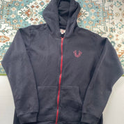 True Religion black full zip hoodie with logo detail and regular fit.