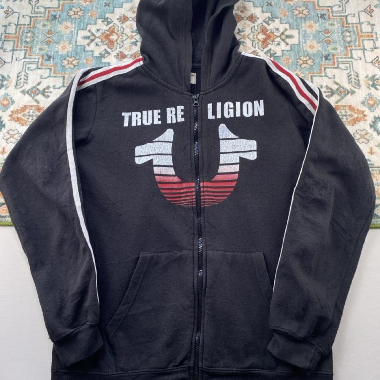 True Religion black and white full zip hoodie with logo and contrast stitching.