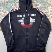 True Religion black and white full zip hoodie with logo and contrast stitching.