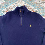 Polo Ralph Lauren navy jumper with embroidered pony logo and quarter zip detail.