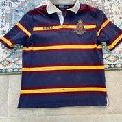 Polo Ralph Lauren burgundy and yellow short sleeve rugby polo with logo and collar details.
