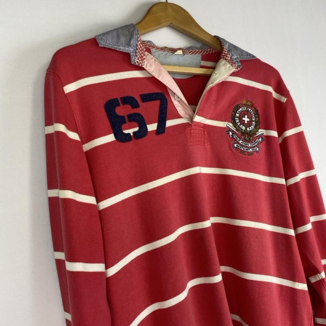 Polo Ralph Lauren red and white striped rugby polo shirt with embroidered logo.