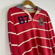 Polo Ralph Lauren red and white striped rugby polo shirt with embroidered logo.