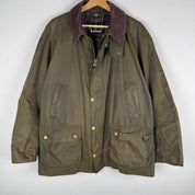 Barbour green wax jacket with logo, classic design, and durable material.
