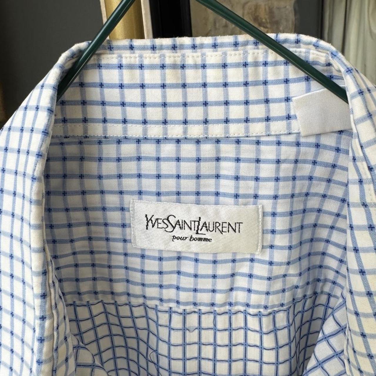 Yves Saint Laurent short sleeve button down shirt blue embroidered YSL logo.