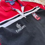 Kooga men's rugby polo shirt, navy blue, embroidered Dubai 7s logo, cotton material.