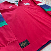 Canterbury men's rugby polo red with British and Irish Lions logo and embroidered details.