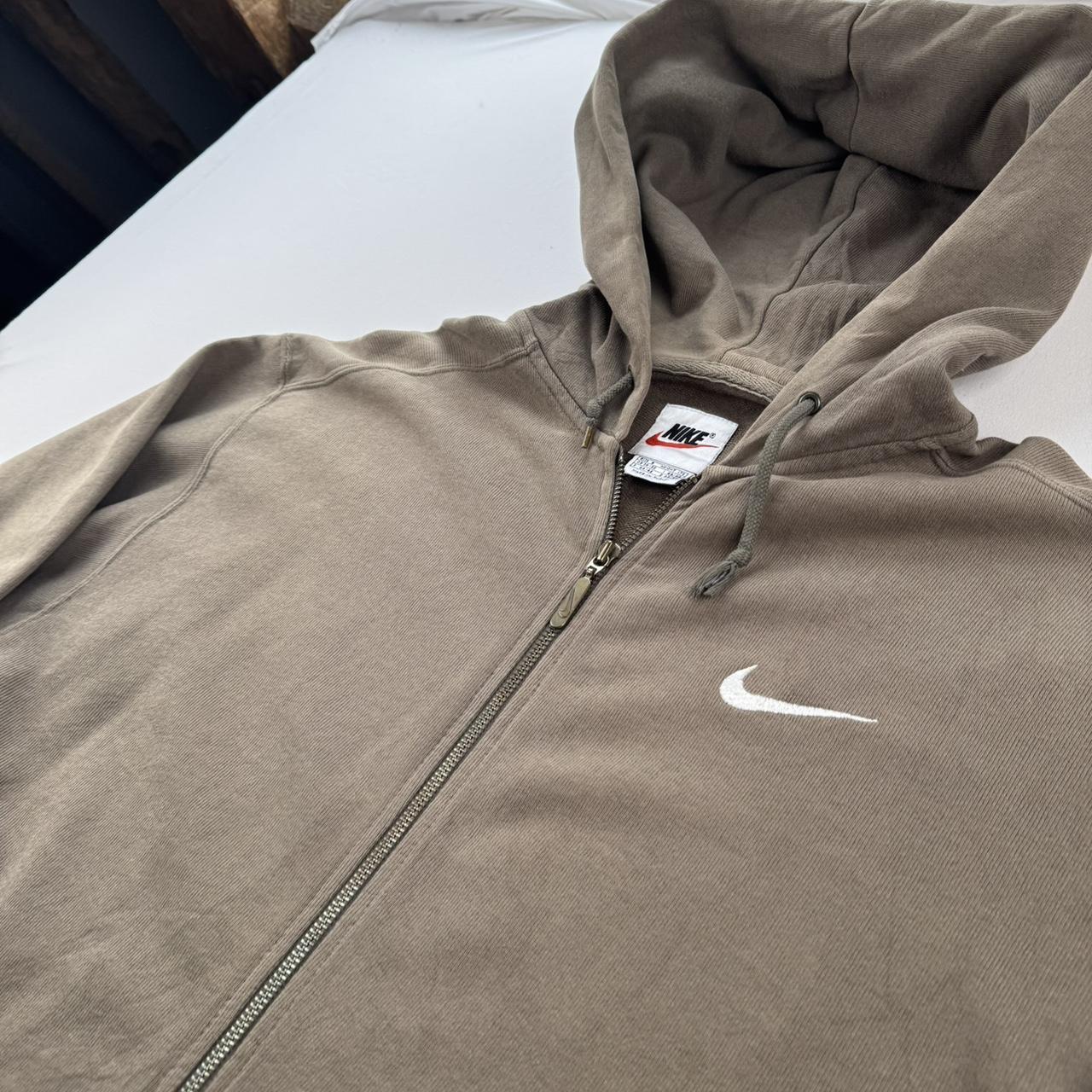 1990s Distressed Brown Embroidered Swoosh Oversized Full Zip Hoodie S
