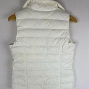 Moncler white down puffer gilet with logo detail and missing belt.
