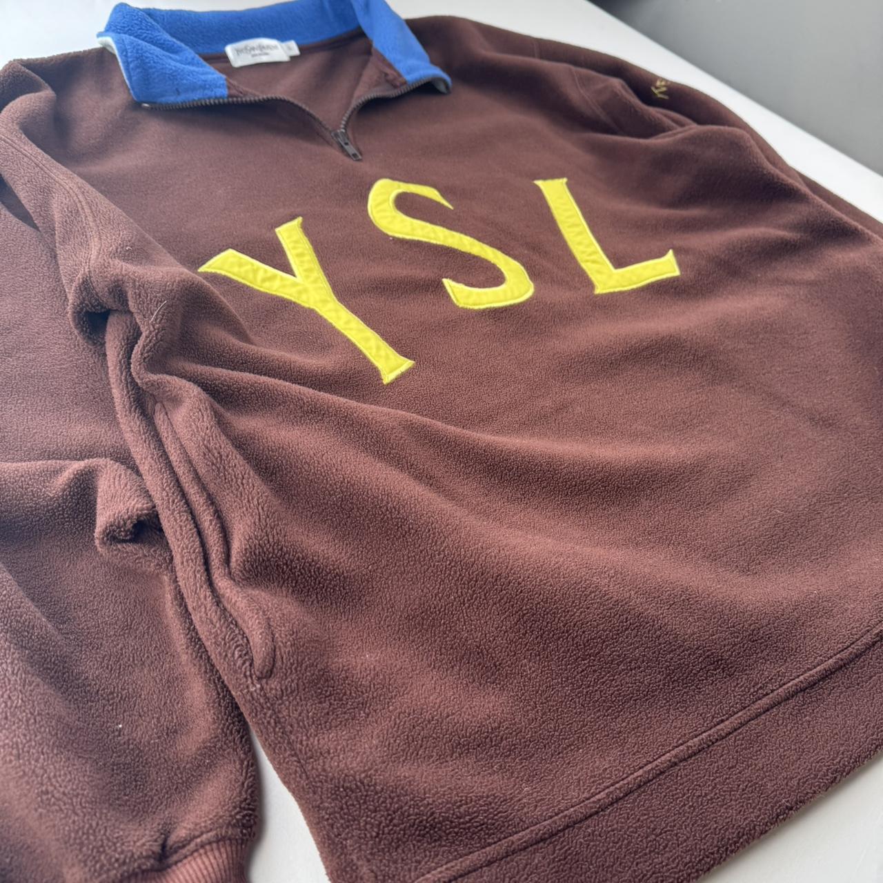 Rare Brown Yves Saint Laurent YSL Embroidered Quarter Zip Fleece L