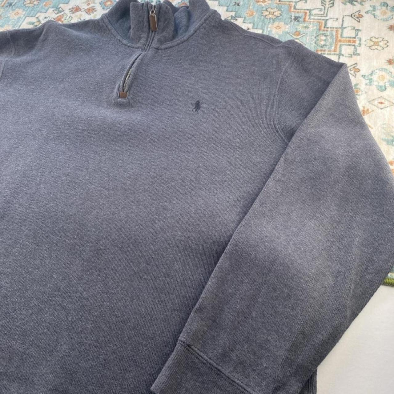 Polo Ralph Lauren grey quarter zip fleece with embroidered logo and soft material.