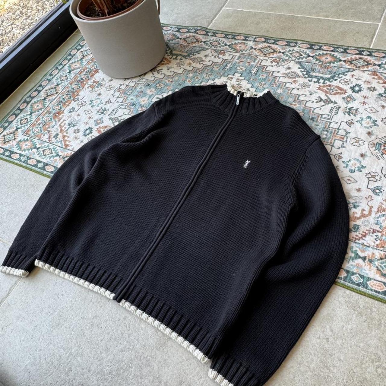 Yves Saint Laurent thick knitted jumper, navy blue, embroidered YSL logo, full zip design.