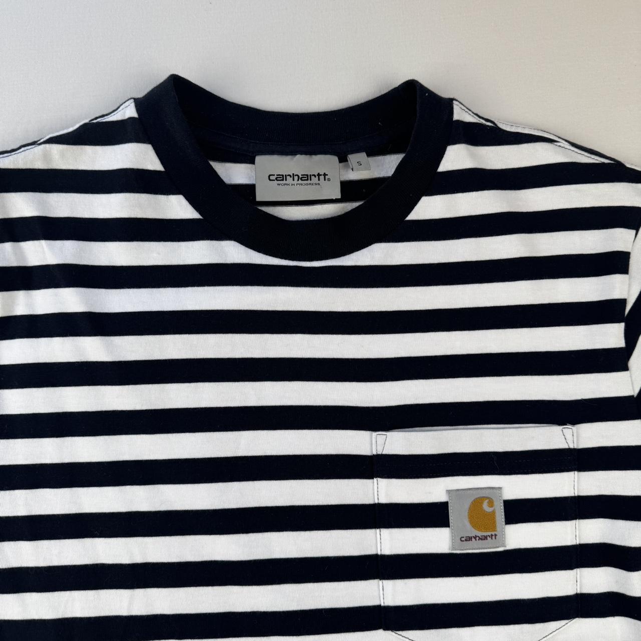 Navy and White Carhartt WIP Scotty Pocket Striped T-Shirt S