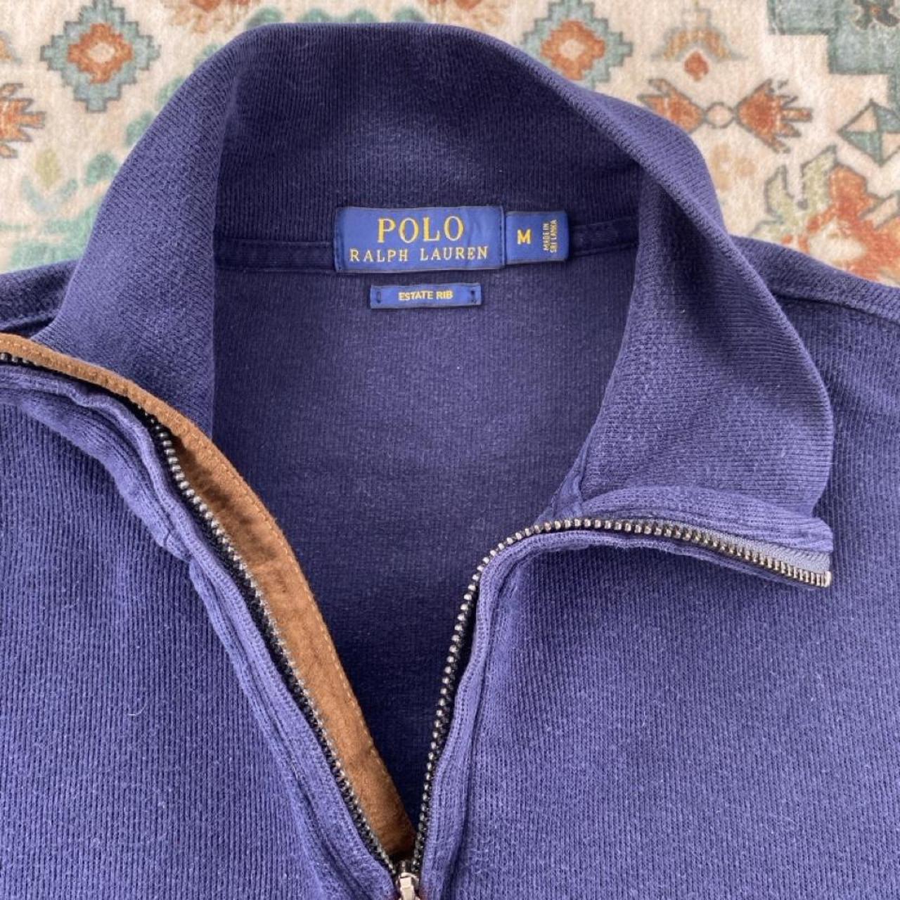 Polo Ralph Lauren navy jumper with embroidered pony logo and quarter zip design.
