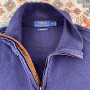 Polo Ralph Lauren navy jumper with embroidered pony logo and quarter zip design.