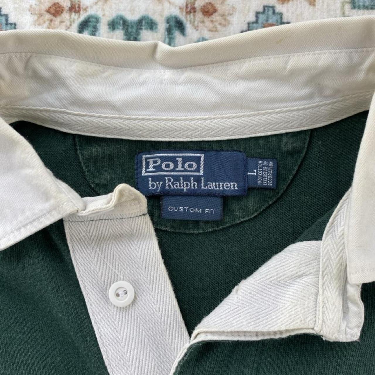 Polo Ralph Lauren green rugby polo shirt with embroidered logo and thick cotton material.