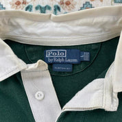 Polo Ralph Lauren green rugby polo shirt with embroidered logo and thick cotton material.