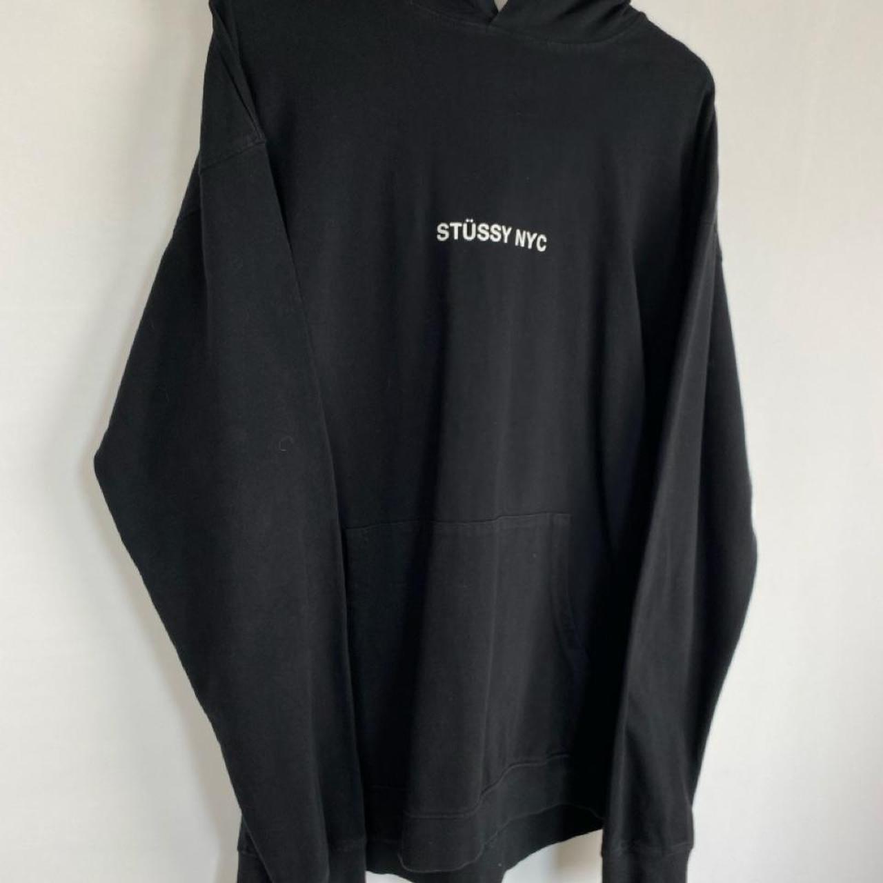 Stüssy grey hoodie with NYC centre print and backprint, relaxed fit.