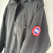 Canada Goose black parka jacket, missing fur trim, regular fit, size medium.