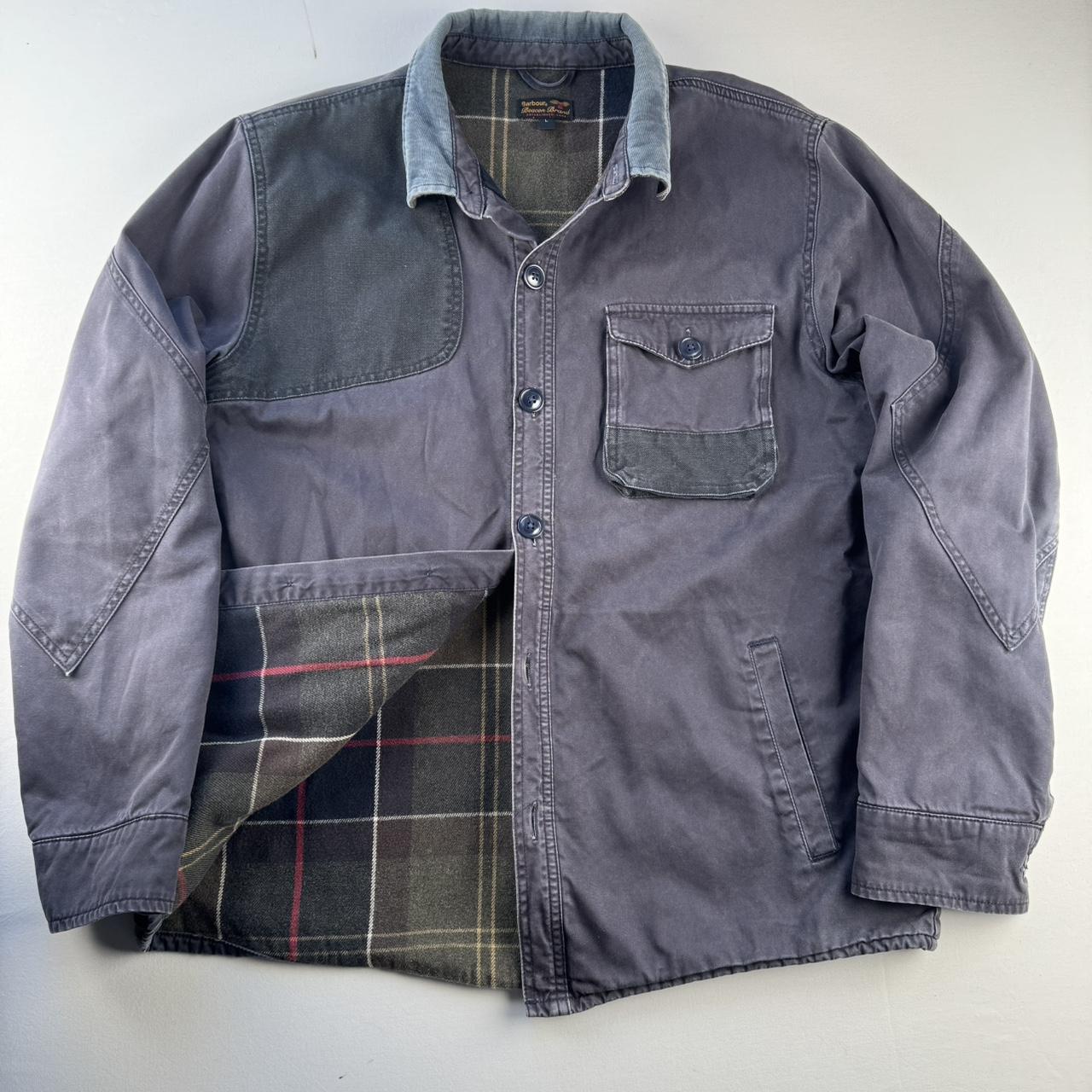 Navy Barbour Beacon Corduroy Patchwork Chore Jacket with Green Plaid Lining L