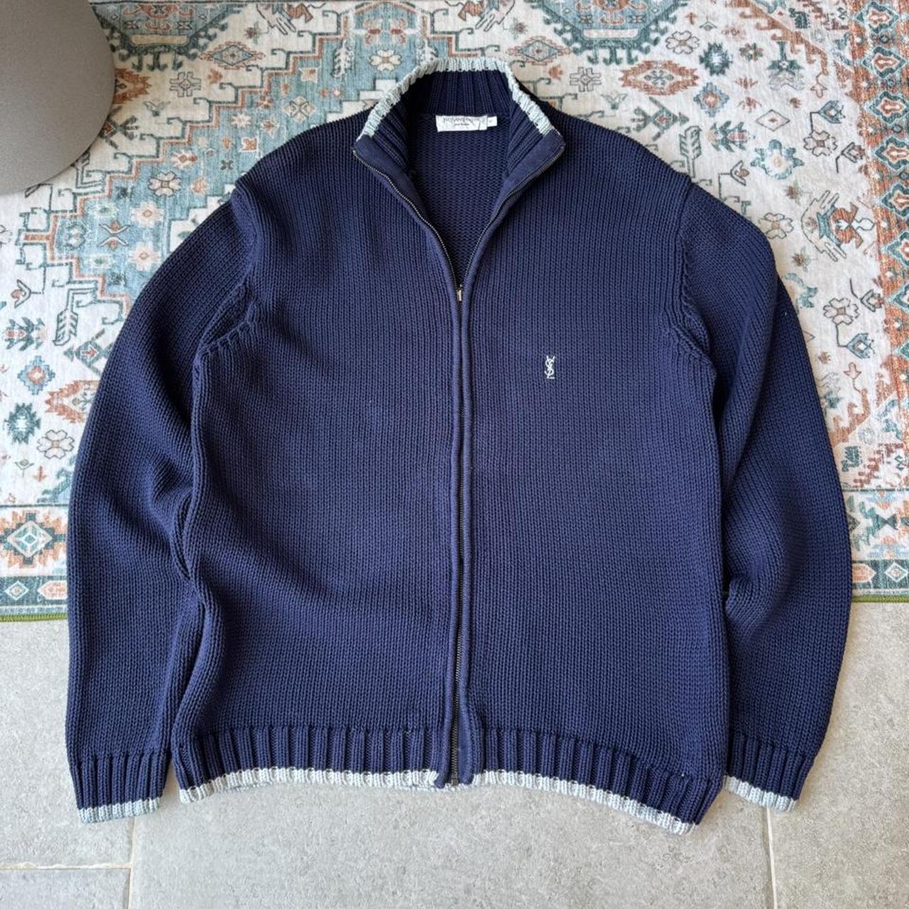 Yves Saint Laurent thick knitted jumper full zip in black with embroidered YSL logo.