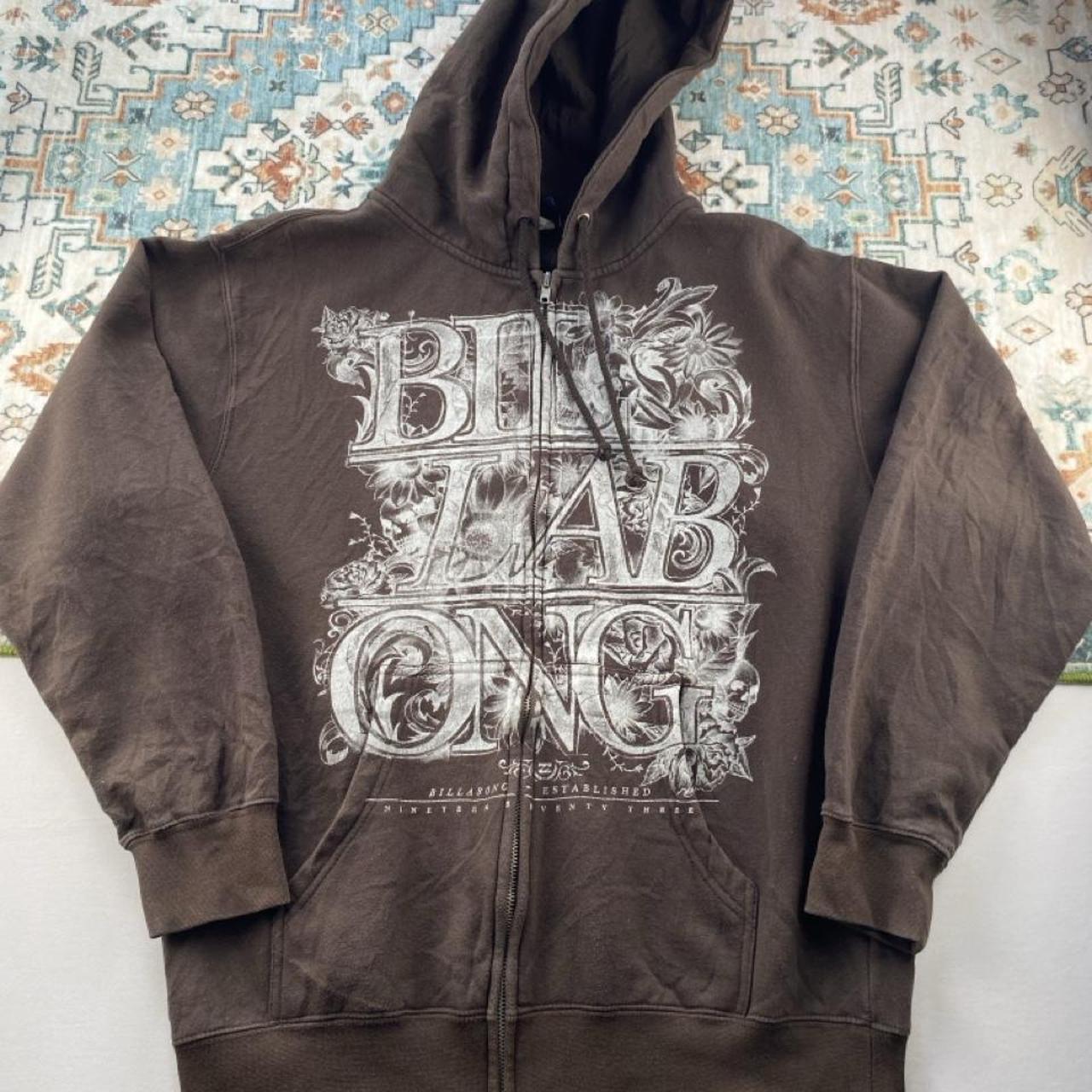 Billabong brown graphic hoodie with full zip and logo print design.