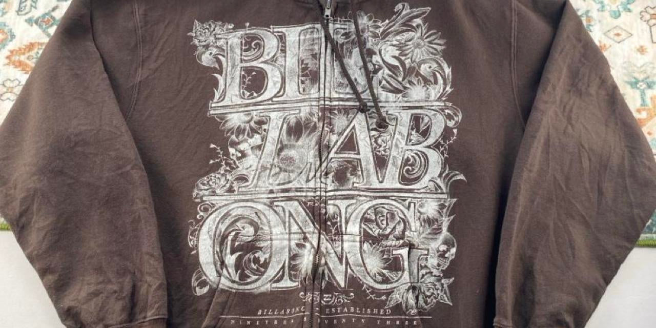 Billabong brown graphic hoodie with full zip and logo print design.