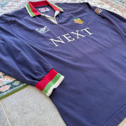 Cotton Traders men's rugby polo shirt, navy with fading, featuring Tigers logo and cotton material.