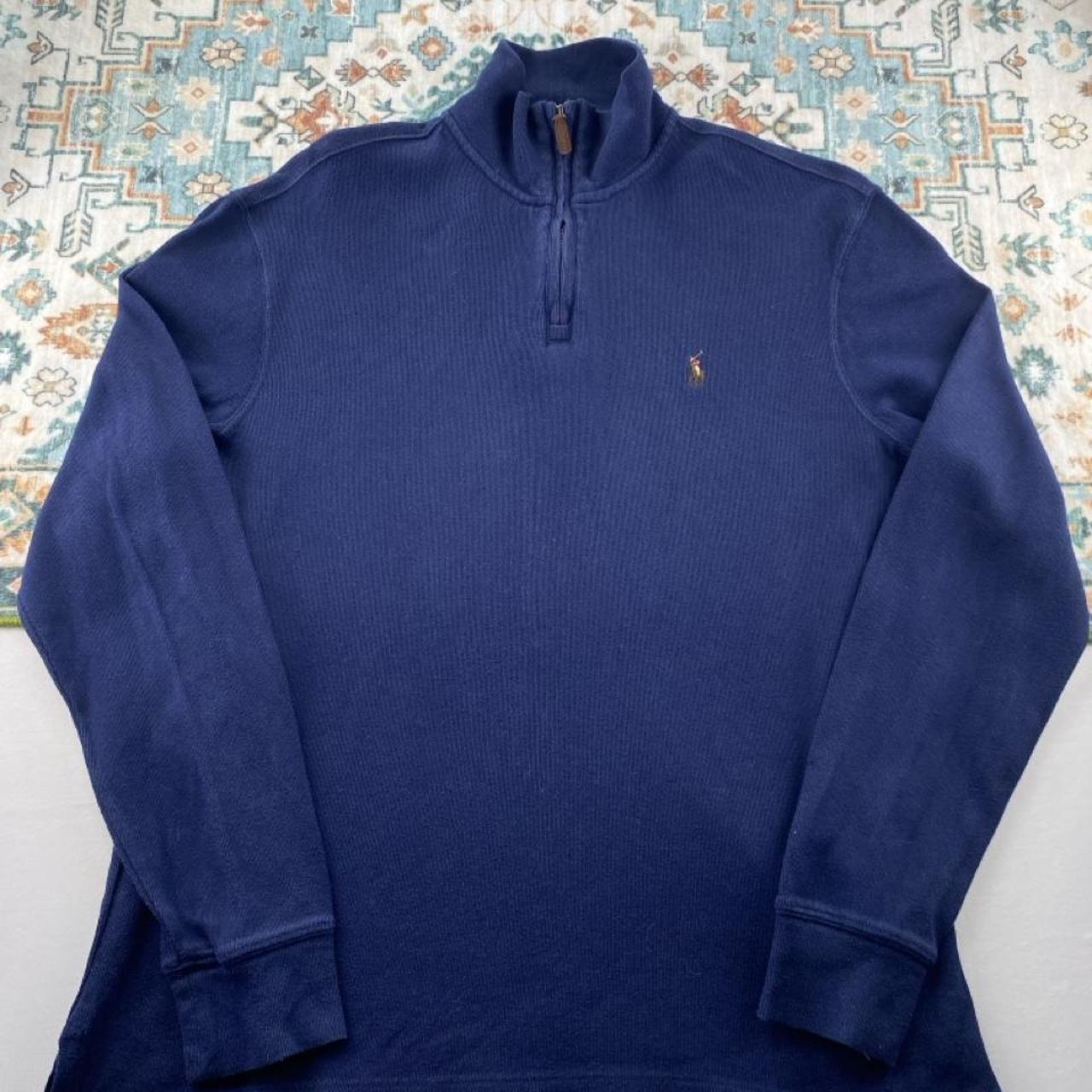 Polo Ralph Lauren navy jumper with embroidered pony logo and quarter zip design.
