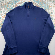 Polo Ralph Lauren navy jumper with embroidered pony logo and quarter zip design.