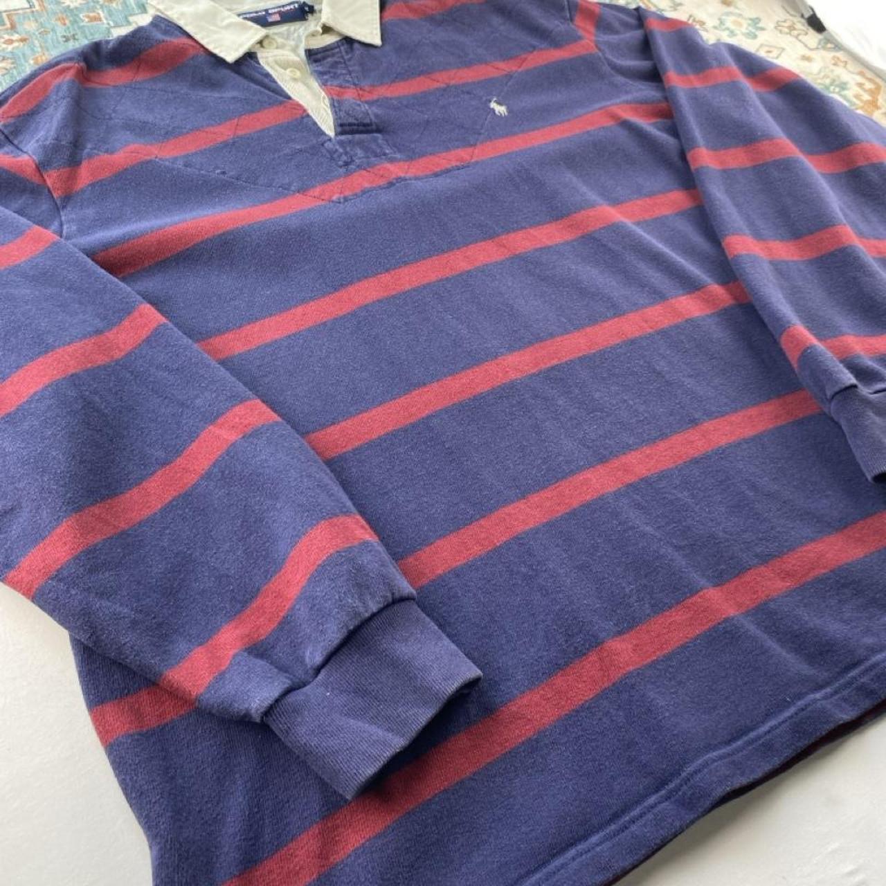 Polo Ralph Lauren oversized navy and burgundy striped rugby polo with embroidered logo.