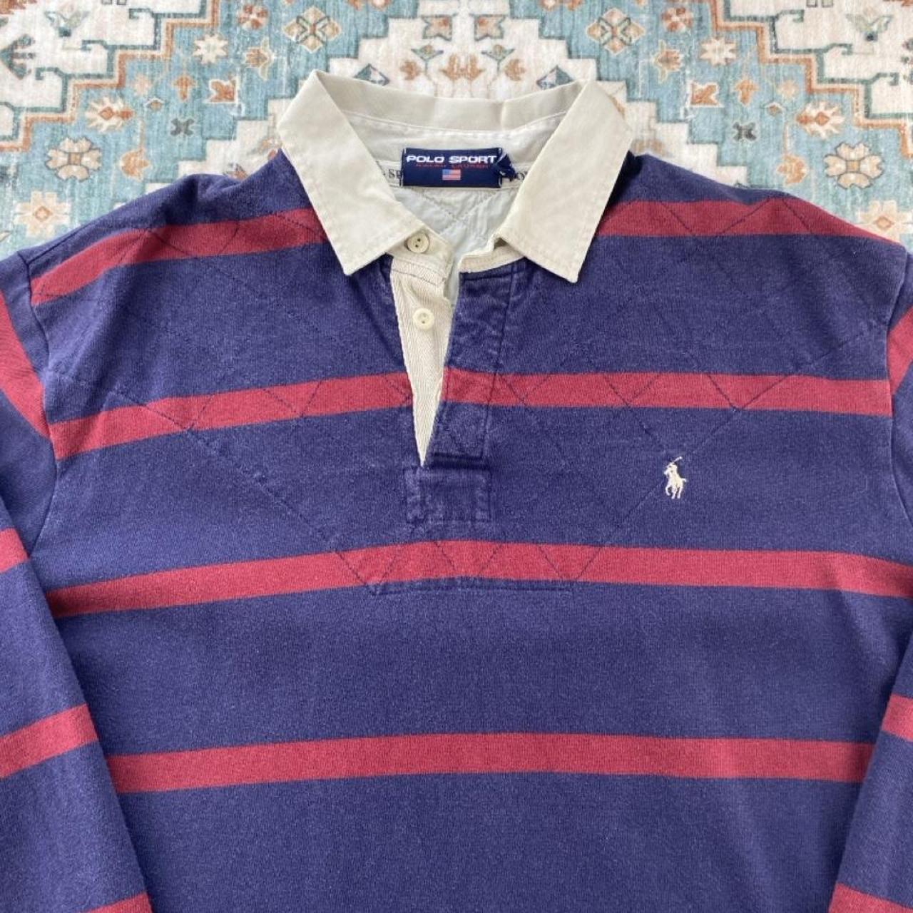 Polo Ralph Lauren oversized navy and burgundy striped rugby polo with embroidered logo.