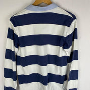 Polo Ralph Lauren blue and navy striped rugby polo shirt with logo detail.