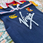 Canterbury men's polo shirt blue with embroidered London Broncos logo and signature.