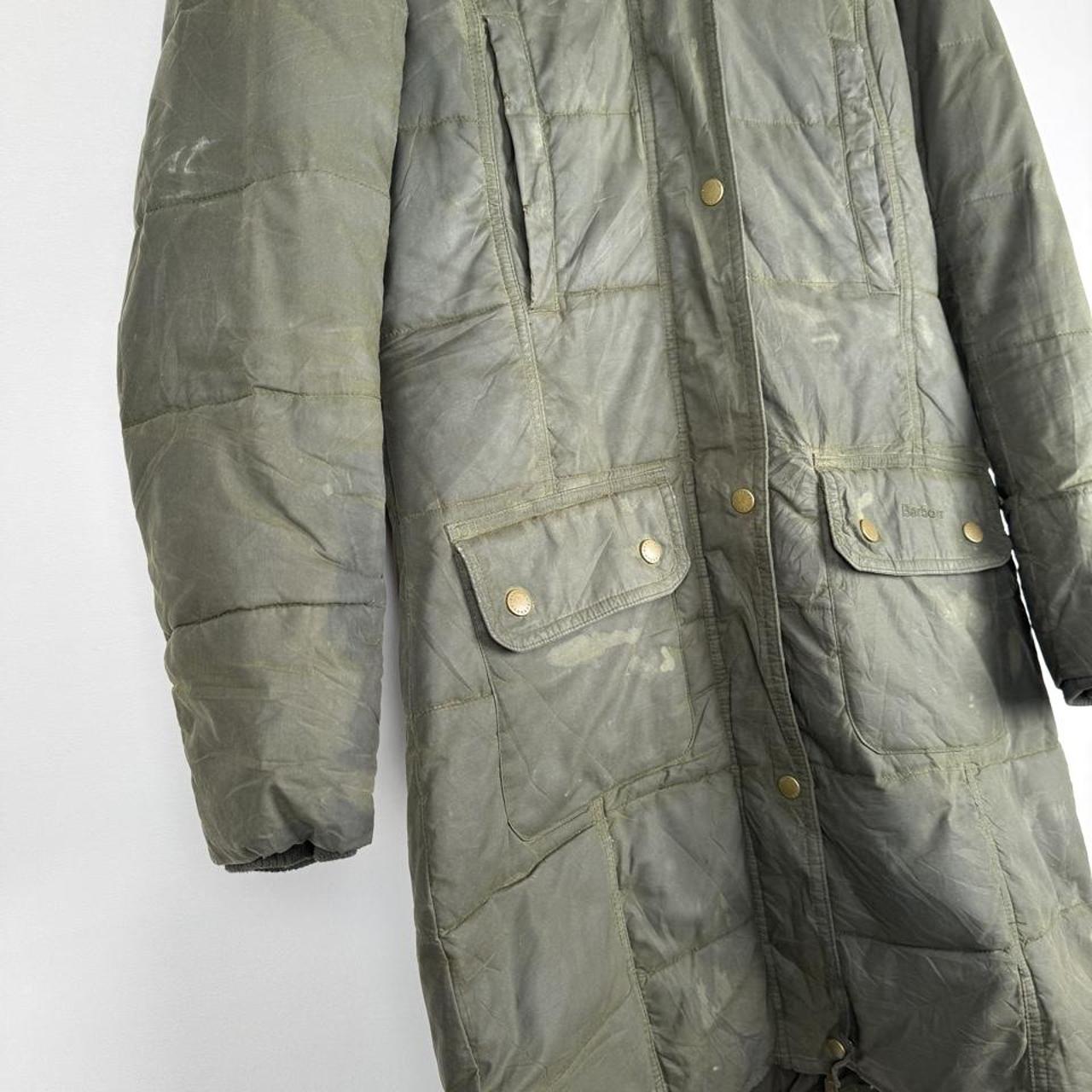 Barbour khaki women's thick down jacket with logo and signs of wear.