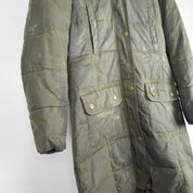 Barbour khaki women's thick down jacket with logo and signs of wear.