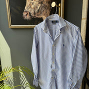 Polo Ralph Lauren men's button down shirt blue and white striped, classic fit, cotton material.