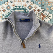 Polo Ralph Lauren grey quarter zip jumper with embroidered pony logo and slim fit.