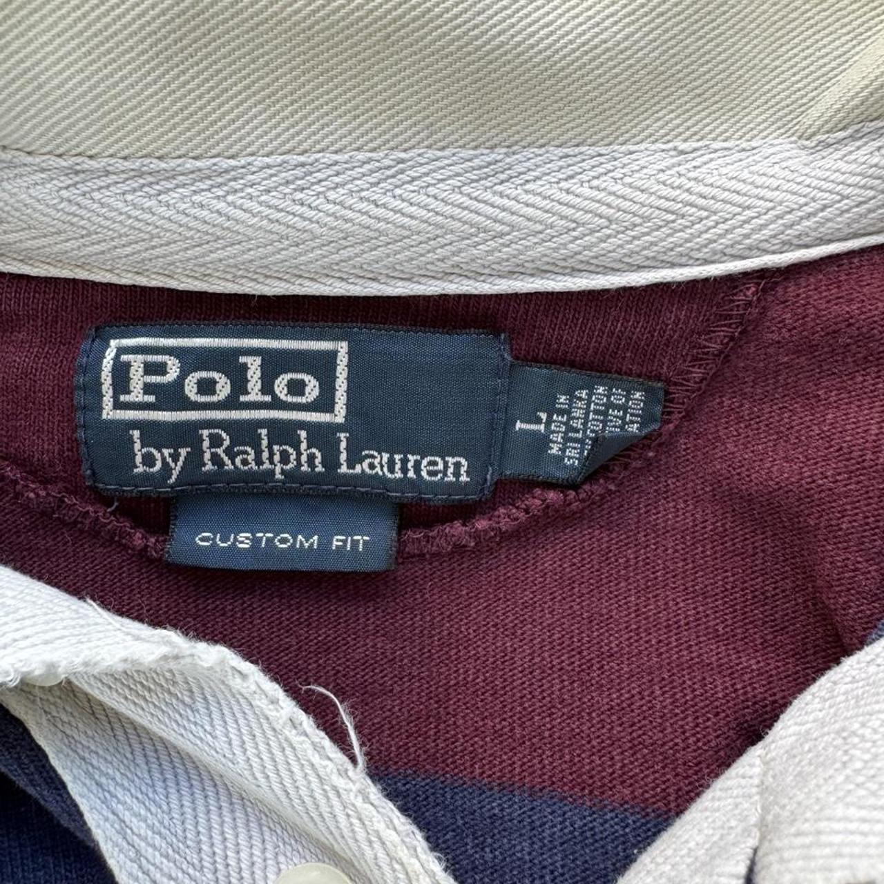 Polo Ralph Lauren burgundy and yellow short sleeve rugby polo with logo and collar details.