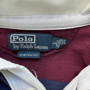 Polo Ralph Lauren burgundy and yellow short sleeve rugby polo with logo and collar details.